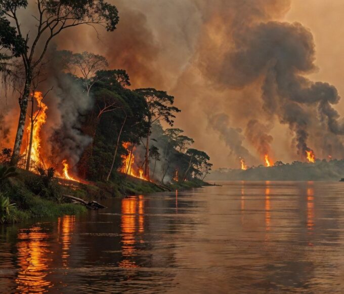 Queimadas na margem oposta do rio Madeira vistas de Porto Velho com fumaça na Amazônia