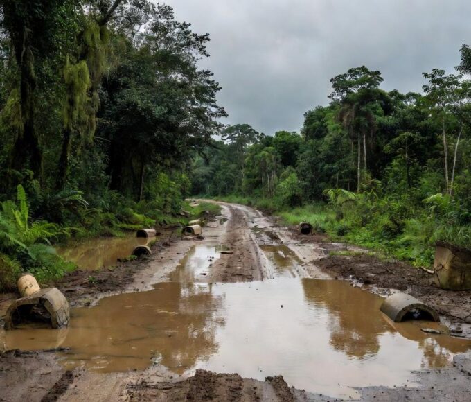 Estrada alagada na Linha Transpurus em Porto Velho com problemas de drenagem
