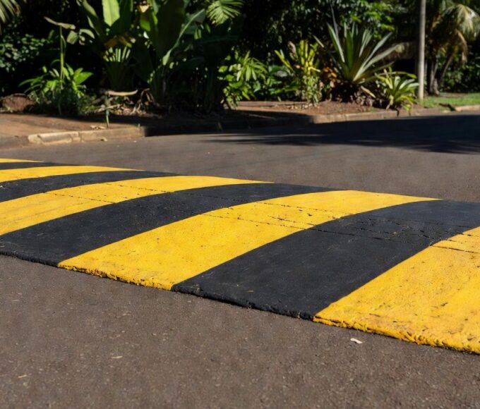 Lombada pintada com faixas amarelas e pretas em rua de Porto Velho