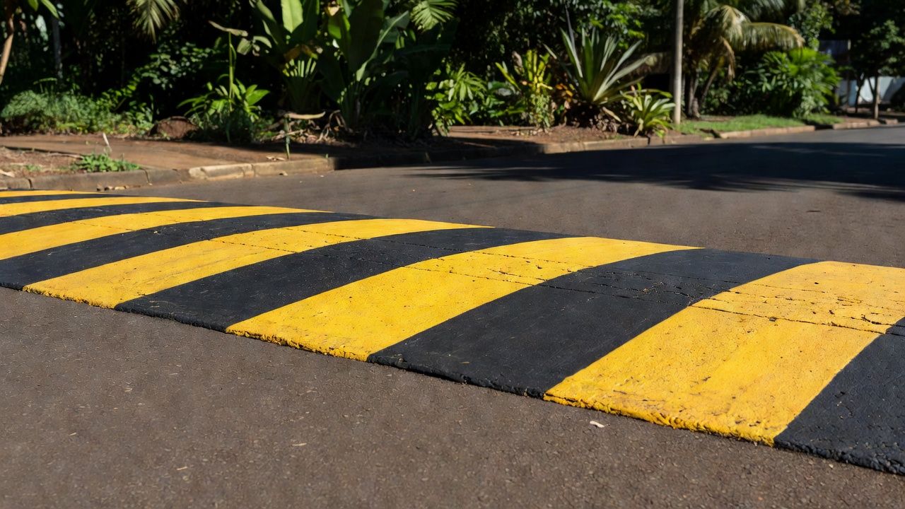 Lombada pintada com faixas amarelas e pretas em rua de Porto Velho