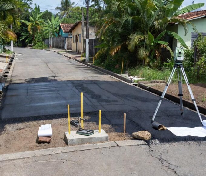 Rua em Porto Cristo com obras de pavimentação e drenagem para mapeamento de infraestrutura.