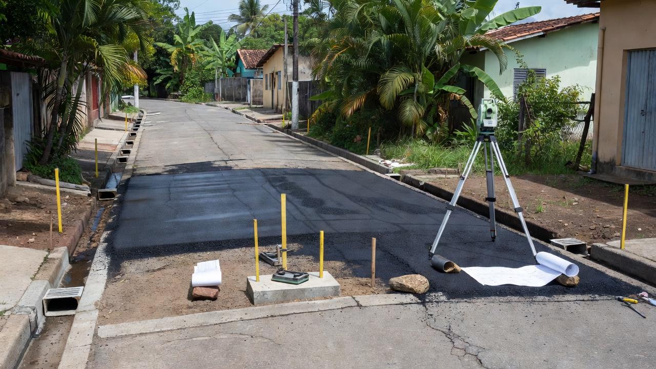 Rua em Porto Cristo com obras de pavimentação e drenagem para mapeamento de infraestrutura.