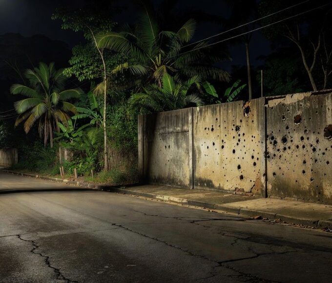 Rua deserta em Porto Velho com marcas de tiros