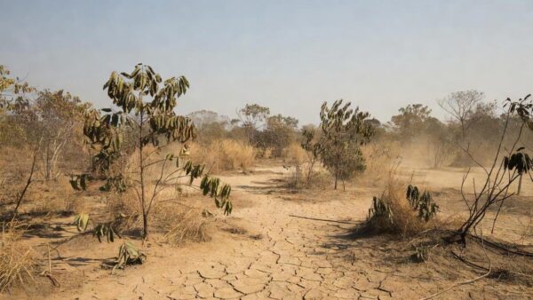 Paisagem de Rondônia com calor intenso e tempo seco, vegetação ressecada sob sol forte