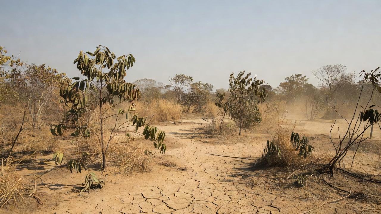 Paisagem de Rondônia com calor intenso e tempo seco, vegetação ressecada sob sol forte
