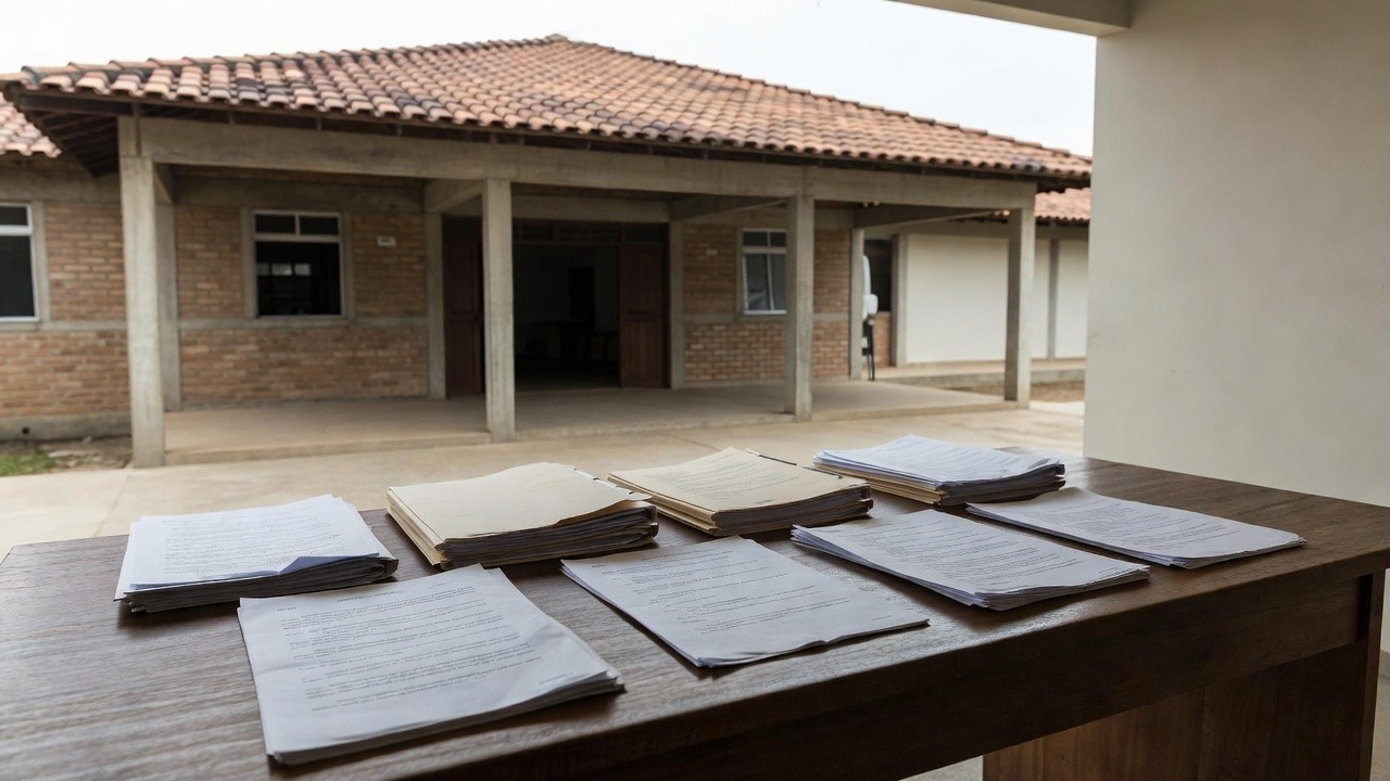 Fórum judicial em Candeias do Jamari com documentos sobre absolvição de prefeito por peculato