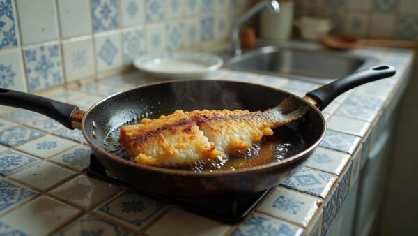 Peixe sendo frito crocante em frigideira sem odor e respingos de óleo