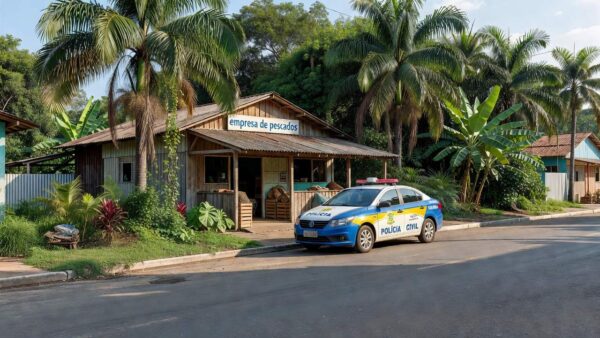 Viatura policial em frente a empresa de pescados em Porto Velho após prisão de estelionatário