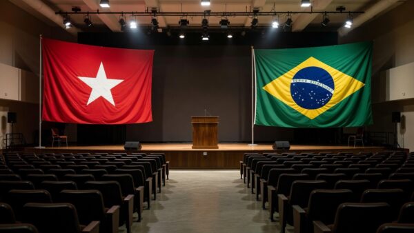 Convenção do PDT com bandeiras e palco em evento político no Brasil