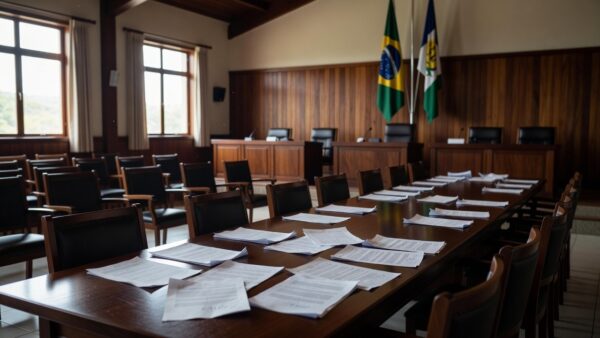 Sala de conferência do MDB em Rondônia com documentos e bandeiras