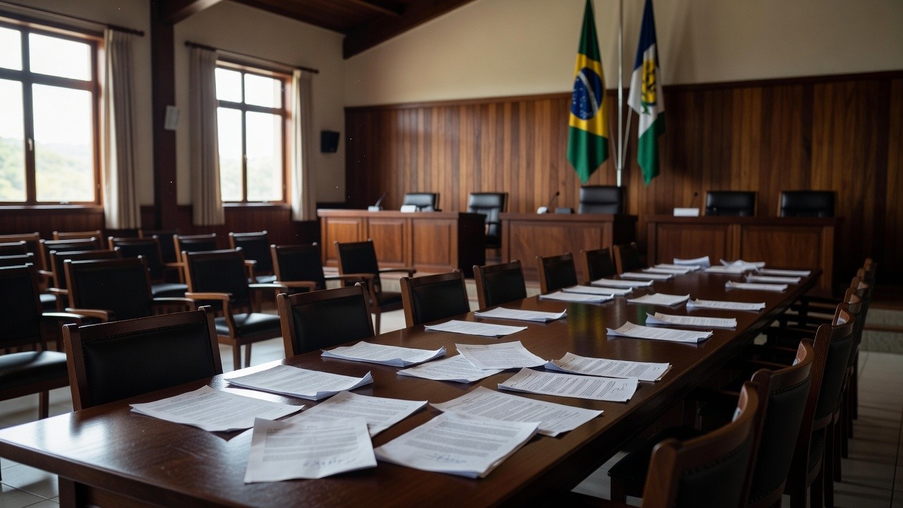Sala de conferência do MDB em Rondônia com documentos e bandeiras