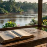 Dicionário aberto sobre mesa com vista para o rio Madeira em Porto Velho