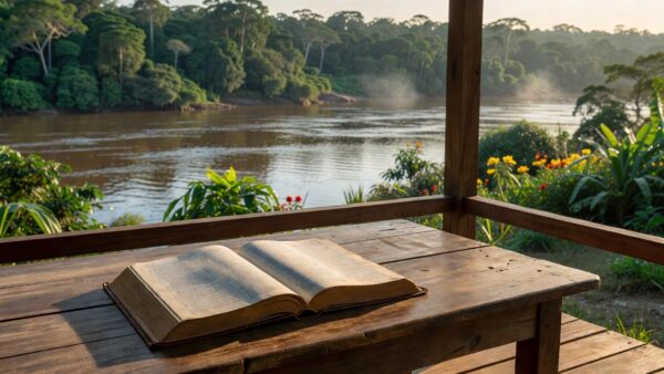 Dicionário aberto sobre mesa com vista para o rio Madeira em Porto Velho
