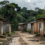 Bairro humilde em Porto Velho com casas simples e vegetação amazônica