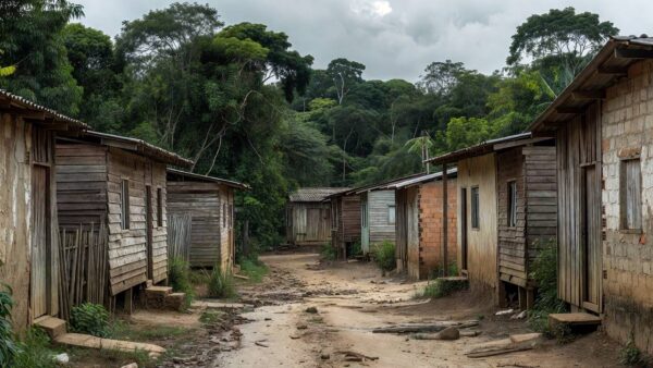 Bairro humilde em Porto Velho com casas simples e vegetação amazônica
