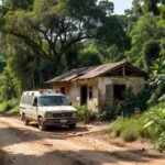 Ambulância em frente a posto de saúde rural no interior do Brasil