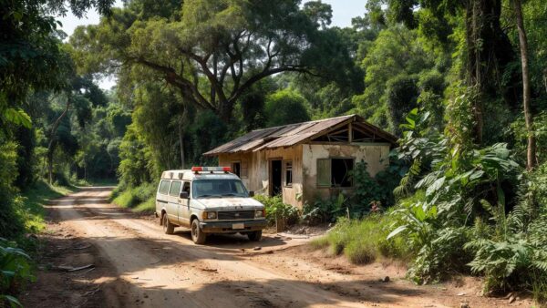 Ambulância em frente a posto de saúde rural no interior do Brasil