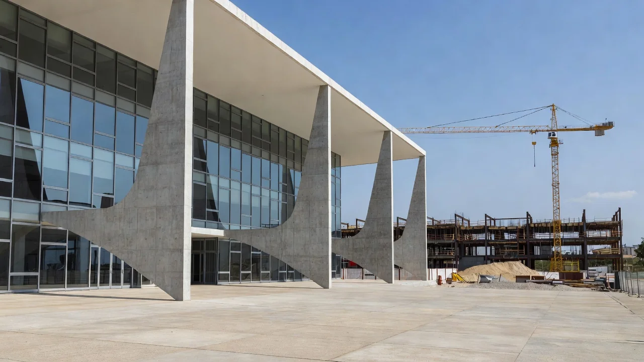 Fachada de tribunal de justiça brasileiro com canteiro de obras ao fundo