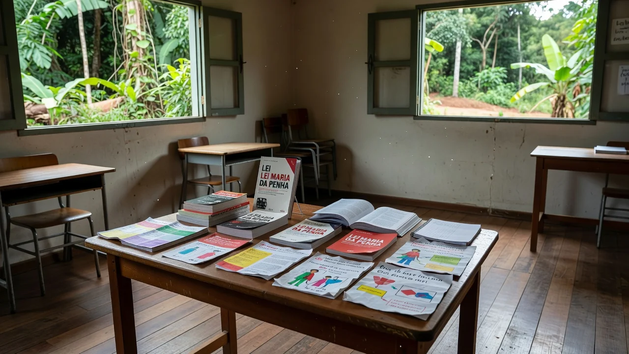 Materiais educativos do projeto Maria da Penha em escola de Cacoal, RO