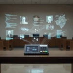 Urna eletrônica brasileira com elementos visuais de IA e deepfake em contexto do TSE