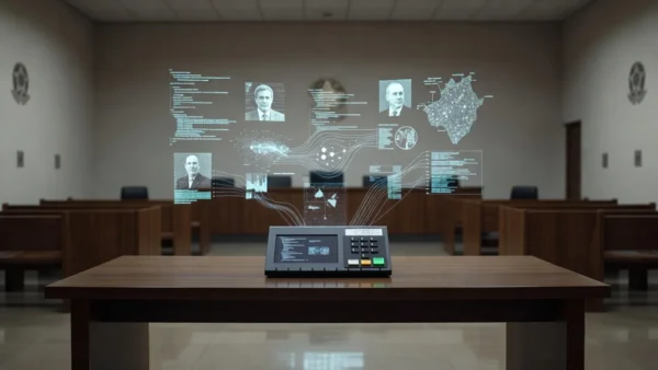 Urna eletrônica brasileira com elementos visuais de IA e deepfake em contexto do TSE