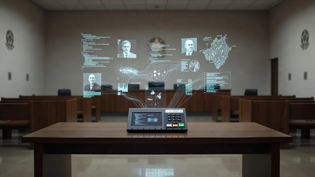 Urna eletrônica brasileira com elementos visuais de IA e deepfake em contexto do TSE