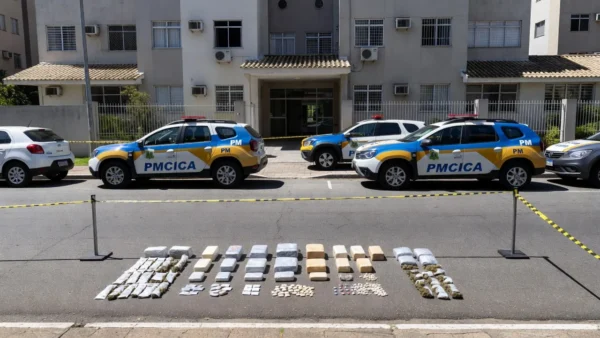 Viaturas da PM em operação apreendendo drogas no Condomínio Porto Belo