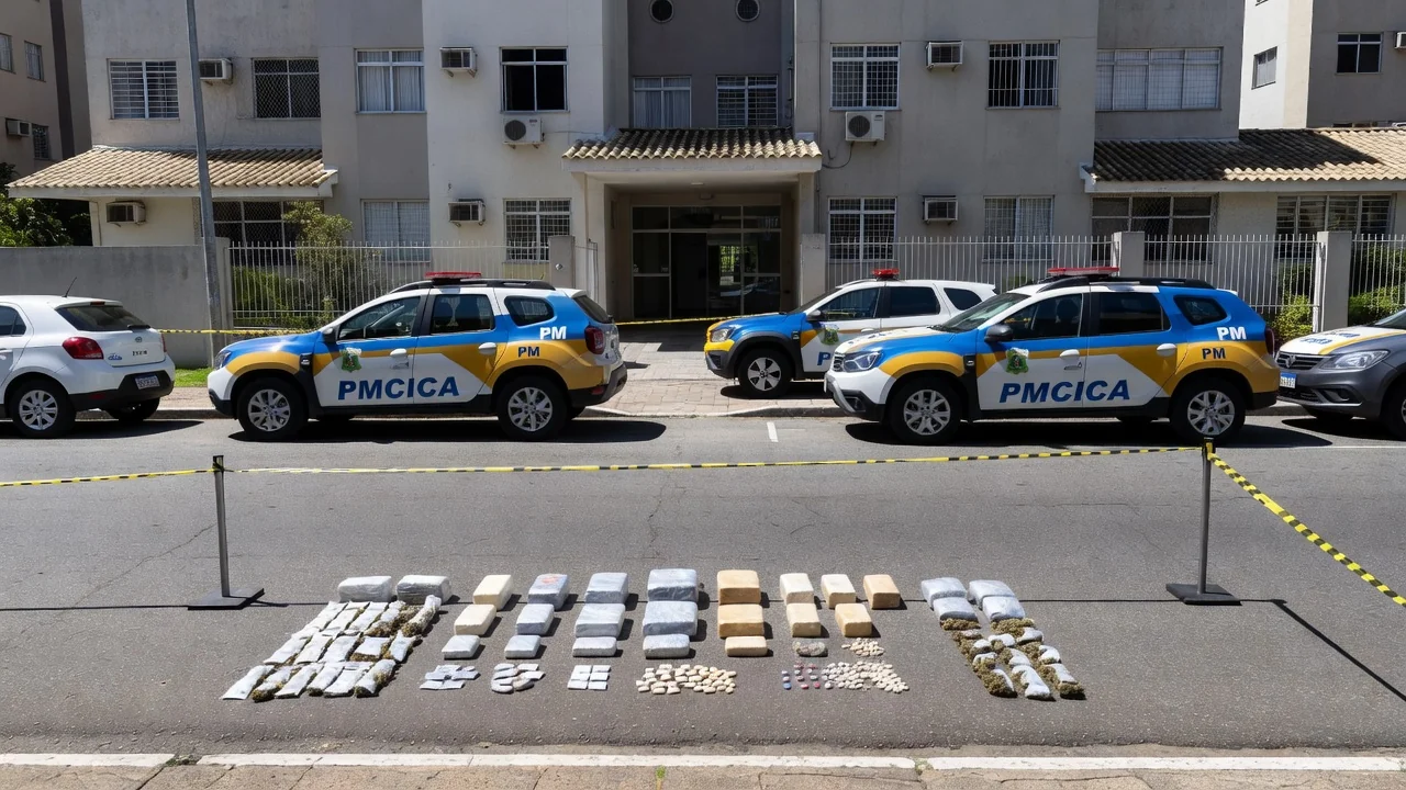 Viaturas da PM em operação apreendendo drogas no Condomínio Porto Belo