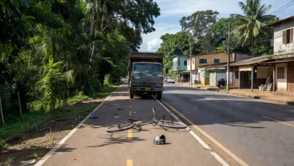 Acidente em ciclovia na Avenida Rio Madeira com caminhão e bicicleta danificada