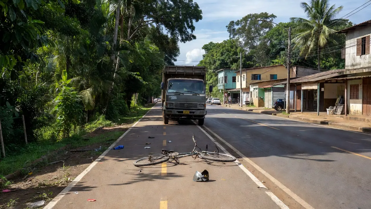 Acidente em ciclovia na Avenida Rio Madeira com caminhão e bicicleta danificada