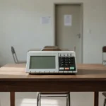 Urna eletrônica do TSE em seção eleitoral vazia, simbolizando transparência e combate a fake news.