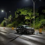 Rodovia brasileira com carro acidentado representando lei sobre motoristas embriagados
