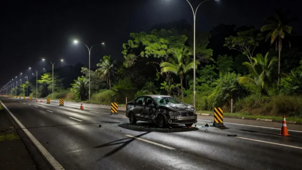 Rodovia brasileira com carro acidentado representando lei sobre motoristas embriagados