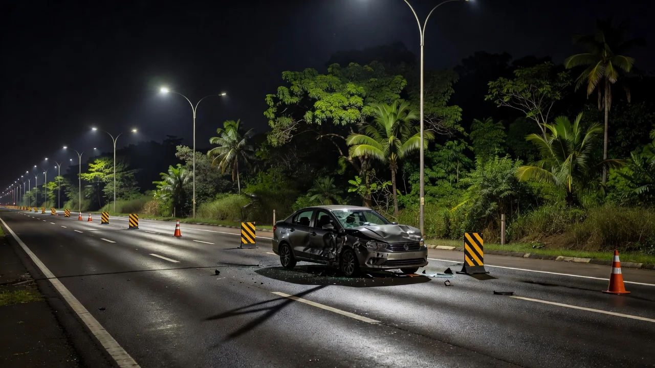 Rodovia brasileira com carro acidentado representando lei sobre motoristas embriagados