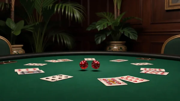Mesa de cassino com dados e cartas representando o jogo Bac Bo online