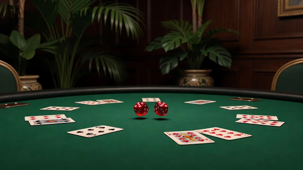 Mesa de cassino com dados e cartas representando o jogo Bac Bo online