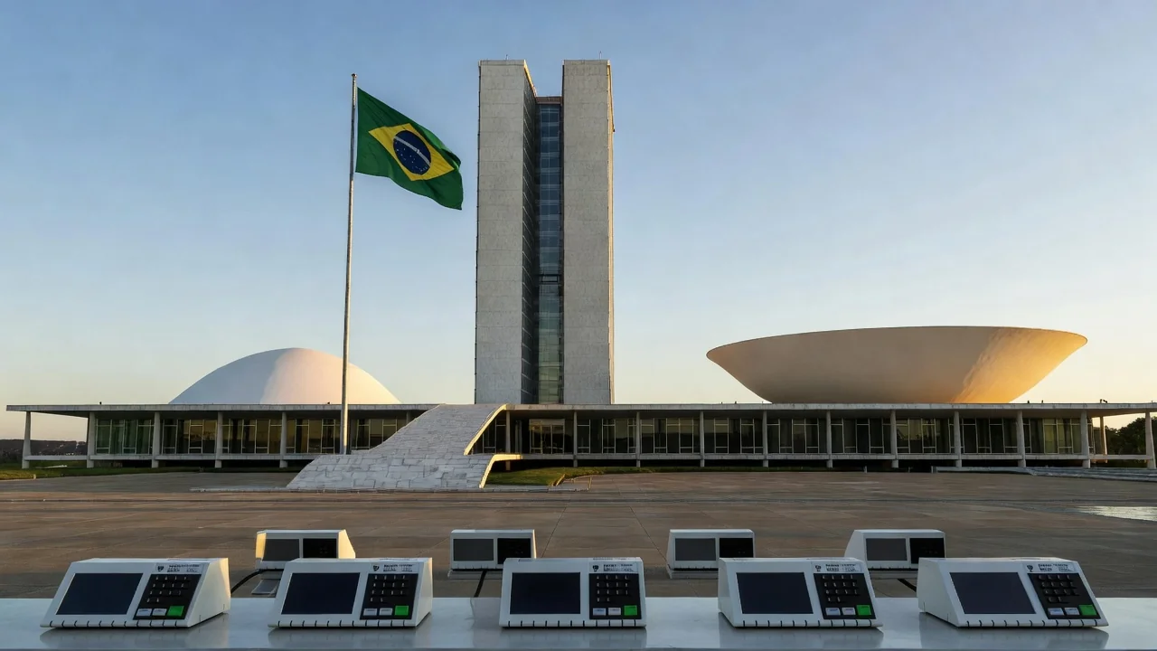 Congresso Nacional em Brasília com urnas eleitorais simbolizando eleições ao Senado