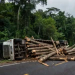 Caminhão com toras tombado interdita BR-364 em Rondônia