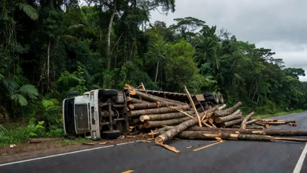 Caminhão com toras tombado interdita BR-364 em Rondônia