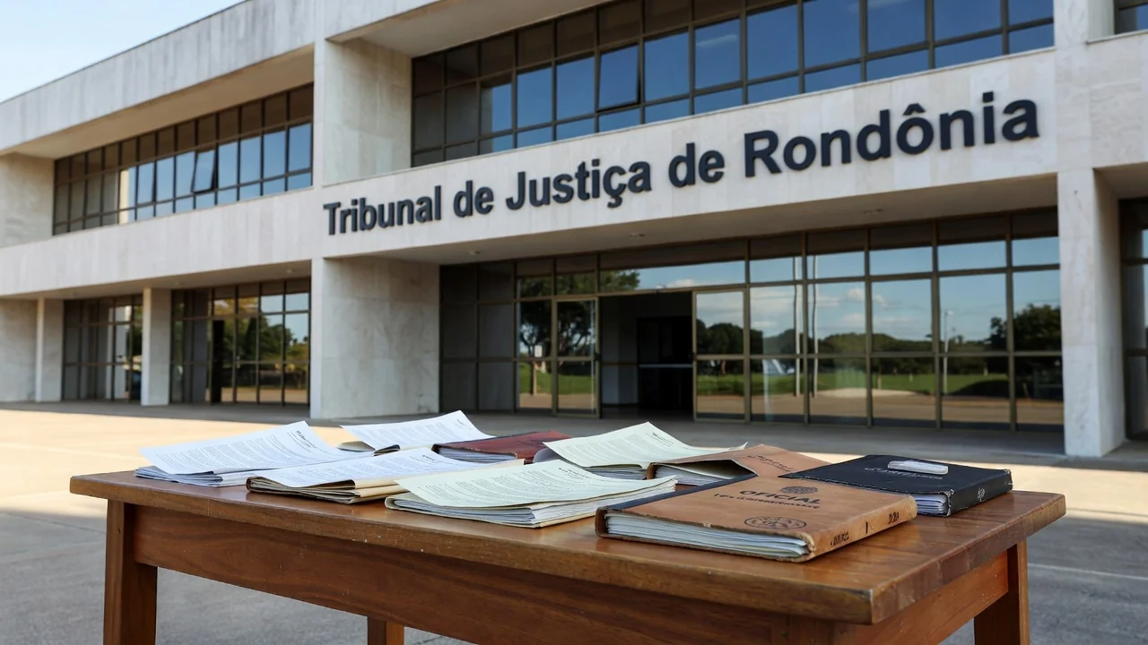 Fachada do TJ-RO com documentos sobre anulação de exonerações de servidores