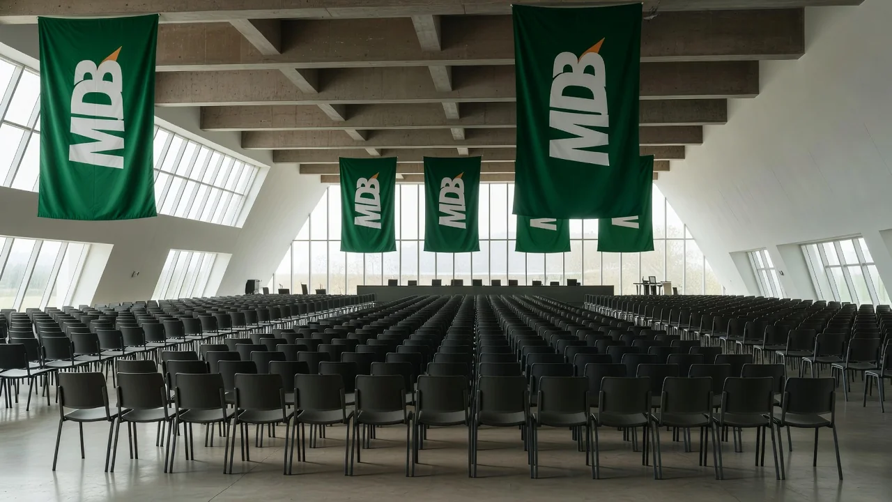 Auditório de convenção política com bandeiras do MDB no Brasil