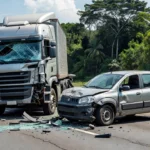 Colisão entre carreta e Fiat Uno na BR-364 em Porto Velho, veículos danificados na rodovia