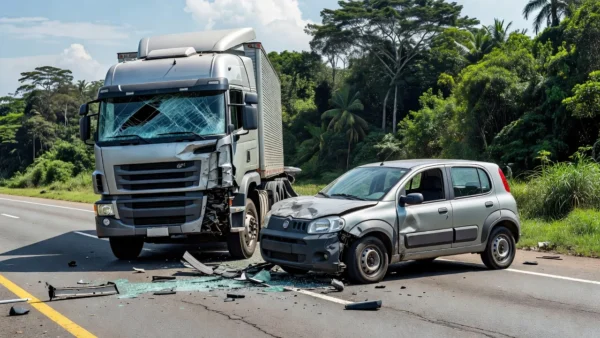 Colisão entre carreta e Fiat Uno na BR-364 em Porto Velho, veículos danificados na rodovia