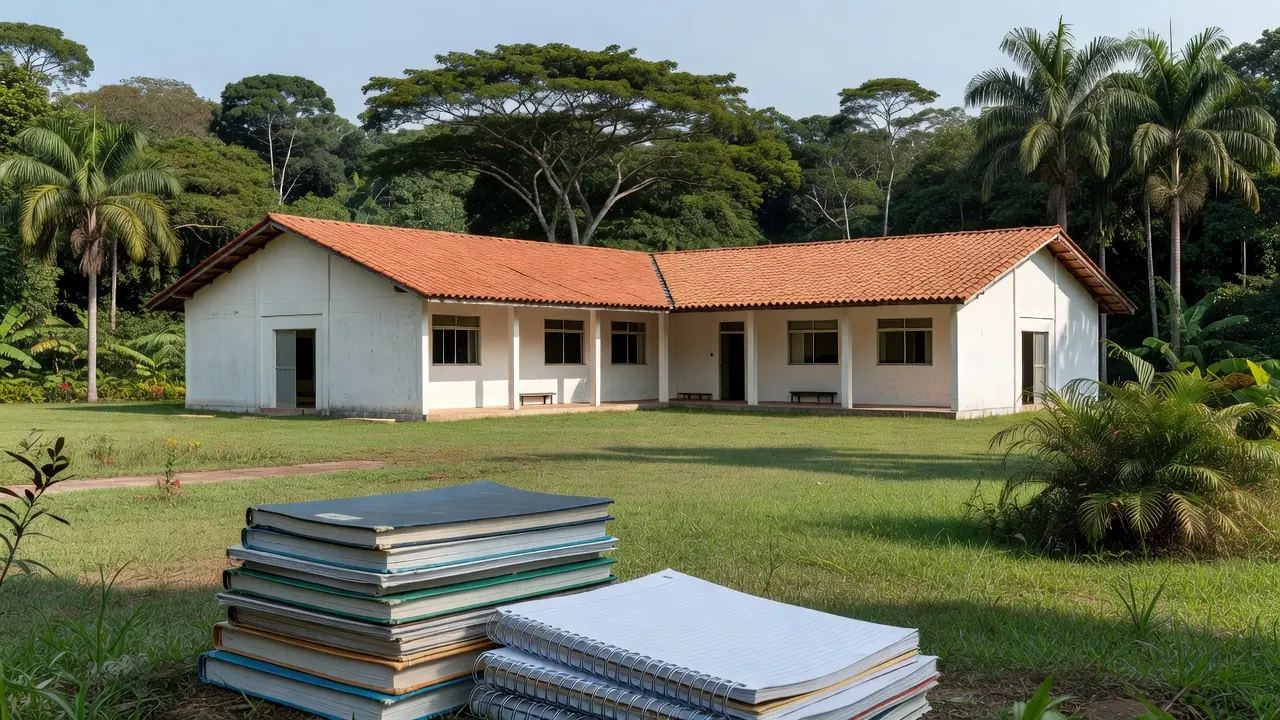 Escola pública em Porto Velho com elementos da educação brasileira e vegetação amazônica