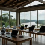Espaço de hackathon em Porto Velho com equipamentos tecnológicos e vista amazônica