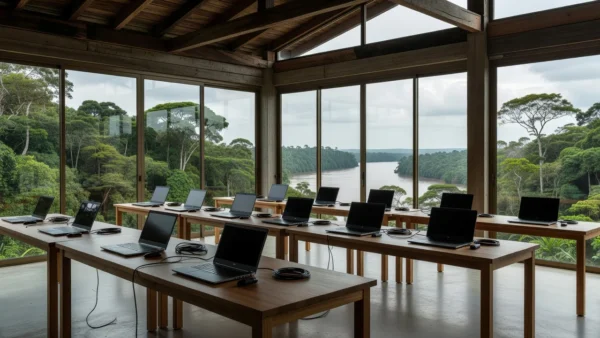 Espaço de hackathon em Porto Velho com equipamentos tecnológicos e vista amazônica