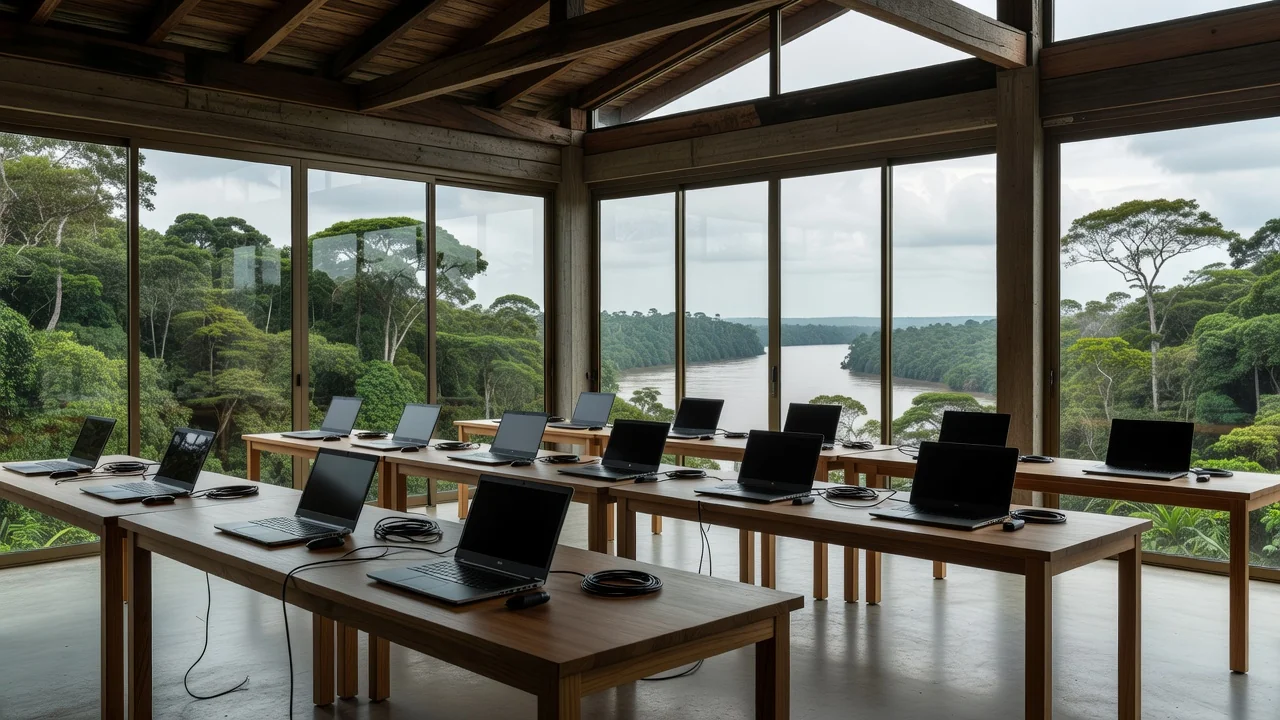 Espaço de hackathon em Porto Velho com equipamentos tecnológicos e vista amazônica