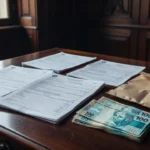 Documentos de declaração de patrimônio com notas de real sobre mesa