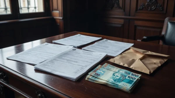 Documentos de declaração de patrimônio com notas de real sobre mesa