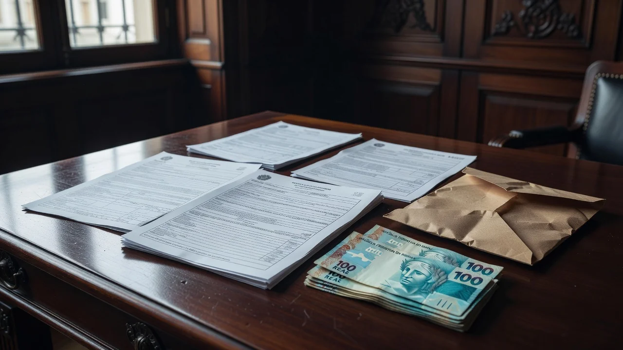 Documentos de declaração de patrimônio com notas de real sobre mesa